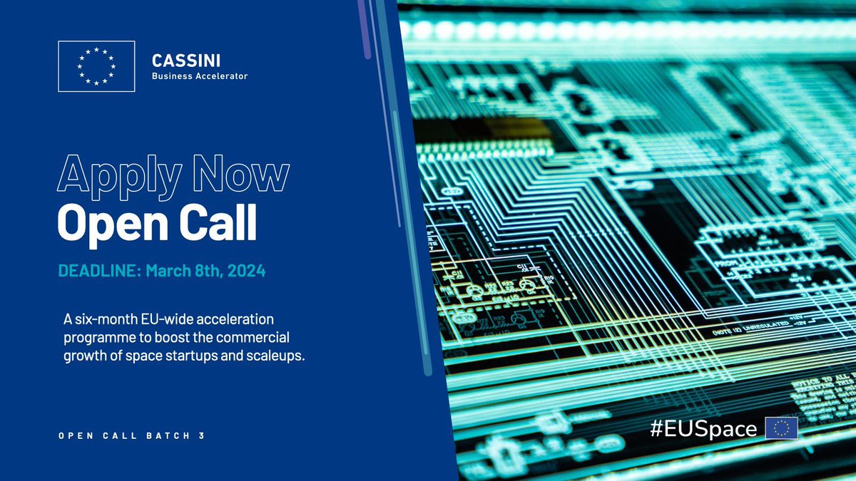🔊 CALL FOR EU SPACE ENTREPRENEURS 🔊

The CASSINI Business Accelerator is now open for applications for Batch 3 🚀
Apply before March 8th!

👉 buff.ly/48wx4XB
#EUSpace #cassiniEU