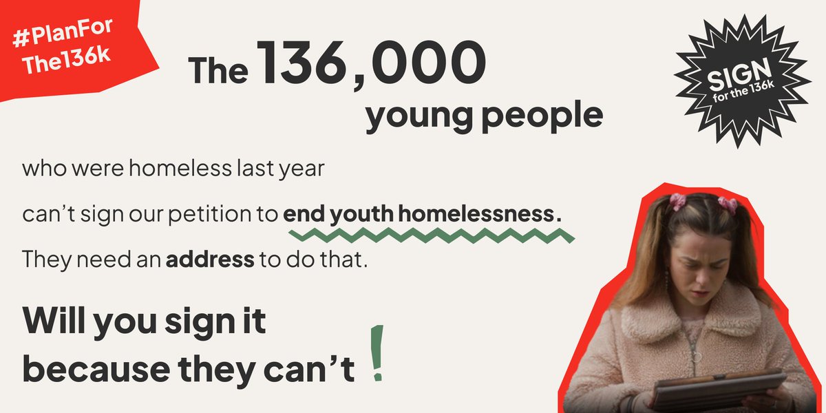 ⚠️ 1 homeless young person in the UK is terrible. 136,000 is unacceptable.

⬇️ We’re one of 120 orgs calling for <a href="/GOVUK/">GOV.UK</a> to create a national strategy to end youth homelessness.

Sign our #PlanForThe136k petition today to end youth homelessness for good: bit.ly/petition136k