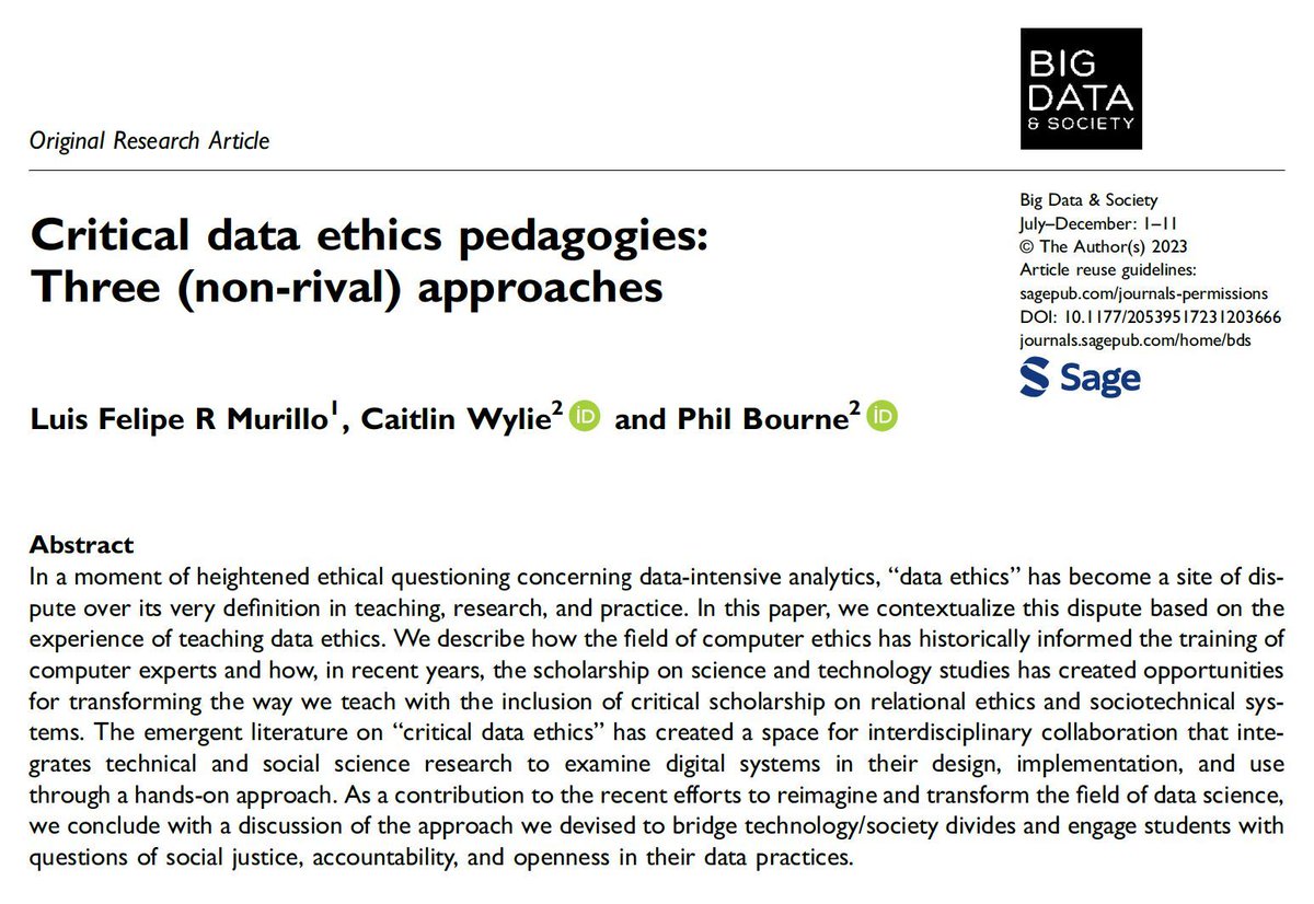 Growing ethical concerns around large-scale data analytics have given rise to critical data ethics. Luis Felipe R Murillo, Caitlin Wylie, Phil Bourne offer integrative pedagogical approaches to engage data science students with questions of social justice: buff.ly/3us0qXO