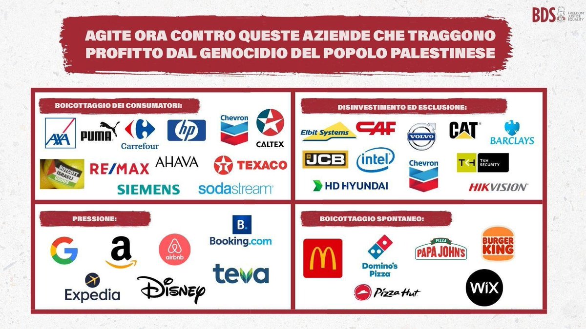 bdsitalia's tweet photo. Ti chiedi cosa puoi fare per la Palestina?

Agisci ora contro queste aziende che traggono profitto dal genocidio del popolo palestinese

https://t.co/aSOFxpYxBL https://t.co/PoN2hDjCL5