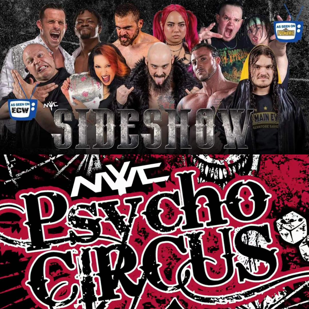 Sideshow is this Saturday night! Did you get your tickets yet? If you attend Sideshow, you will get first shot at Psycho Circus tickets for next month, and we all know Psycho Circus tickets go fast! nywcwrestling.com for tickets and info! #wwe #WWERaw #aew #prowrestling