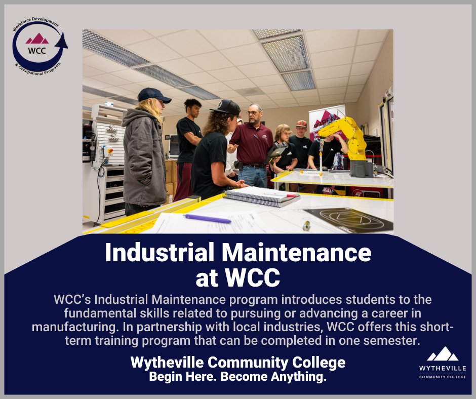 Wytheville Community College (@wythevillecc) on Twitter photo Interested in advancing your employees’ skill sets?
Refer your employee to WCC's Industrial Maintenance course! Registering now for Feb. 6, 2024-May 23 course. Contact Lisa Lowe, WCC Workforce Development Credentials and Career Coach, at (276) 223-4717, or at llowe@wcc.vccs.edu. Interested in advancing your employees’ skill sets?
Refer your employee to WCC's Industrial Maintenance course! Registering now for Feb. 6, 2024-May 23 course. Contact Lisa Lowe, WCC Workforce Development Credentials and Career Coach, at (276) 223-4717, or at llowe@wcc.vccs.edu.