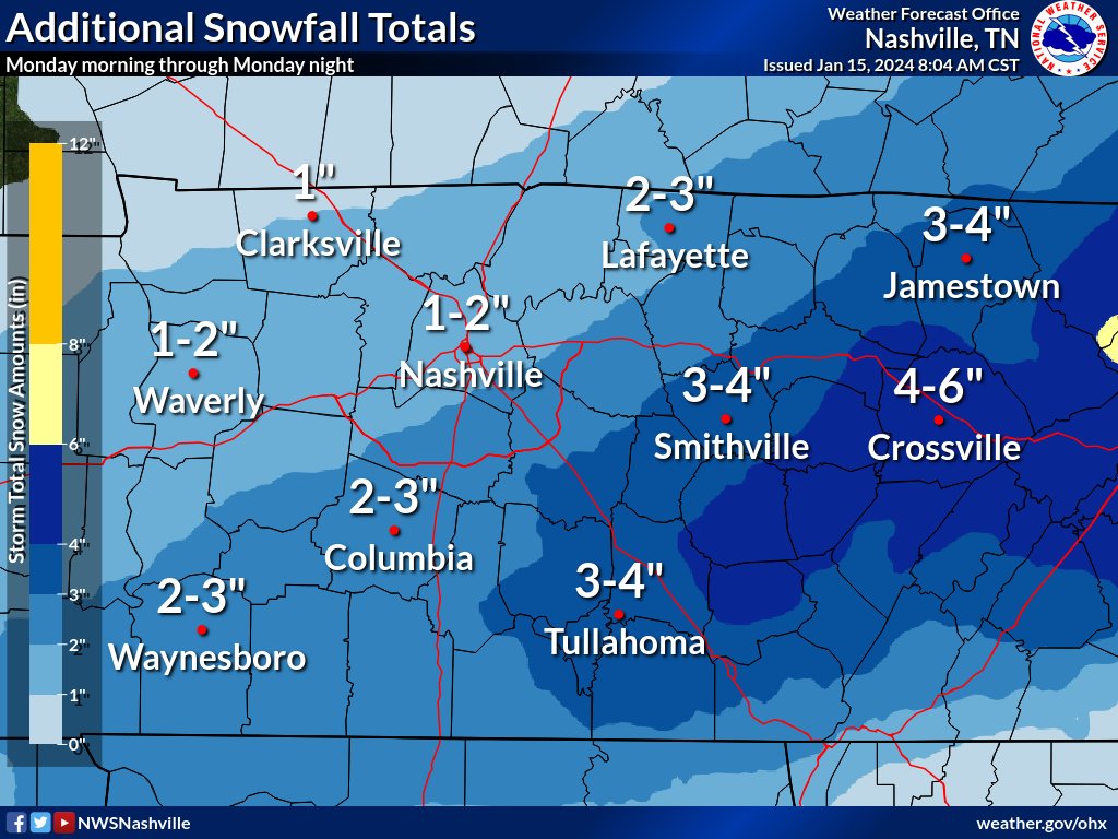Graphic showing additional snowfall totals expected during the day today through tonight across Middle Tennessee