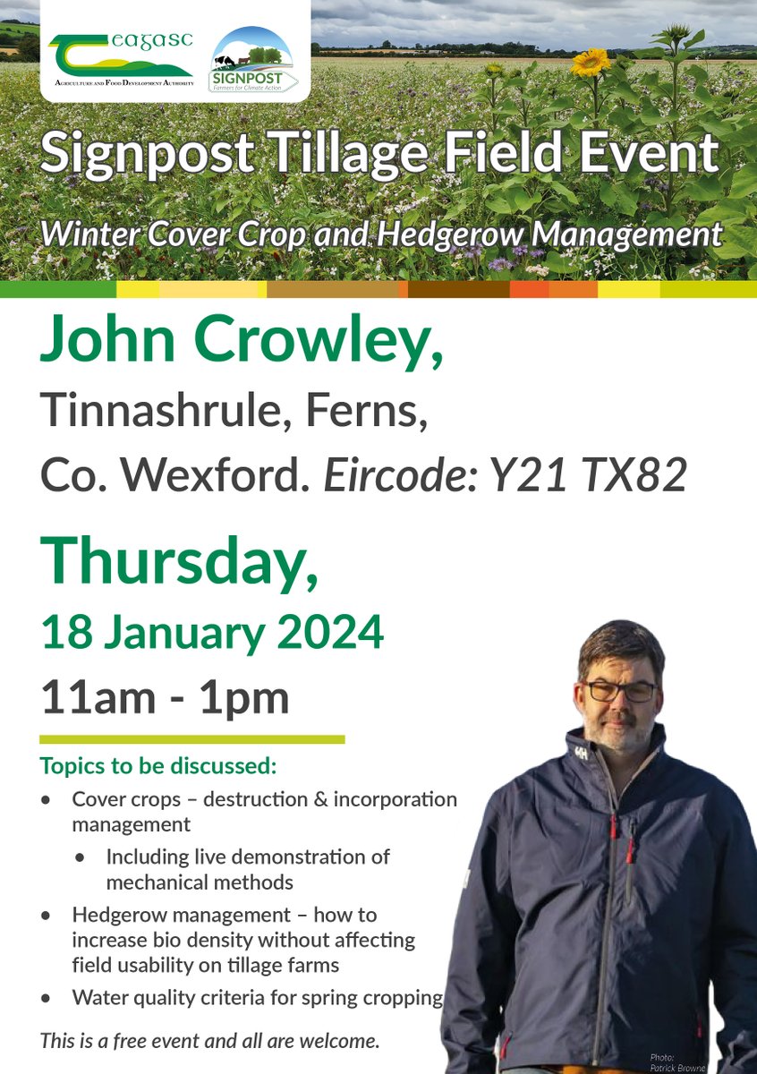 Join the @TeagascSignpost Tillage Programme along with @TeagascWWC this Thursday, 18th January at 11am for a field event on the Signpost demonstration farm of John Crowley at Tinnashrule, Ferns, Co. Wexford. Find out more bit.ly/3O0gCql @TeagascCrops