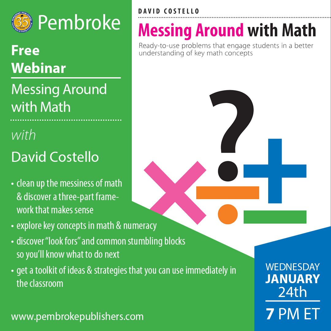 PembrokePublish's tweet photo. Have you registered? Don't miss our next FREE #webinar, #MessingAroundWithMath with @dr_costello, as he clears the messiness of math & reveals a 3-part framework that really works! Find out more & register: https://t.co/oLqoAJlgJq
#edchat #profdev #onlinelearning #edutwitter https://t.co/VjWqYflFne