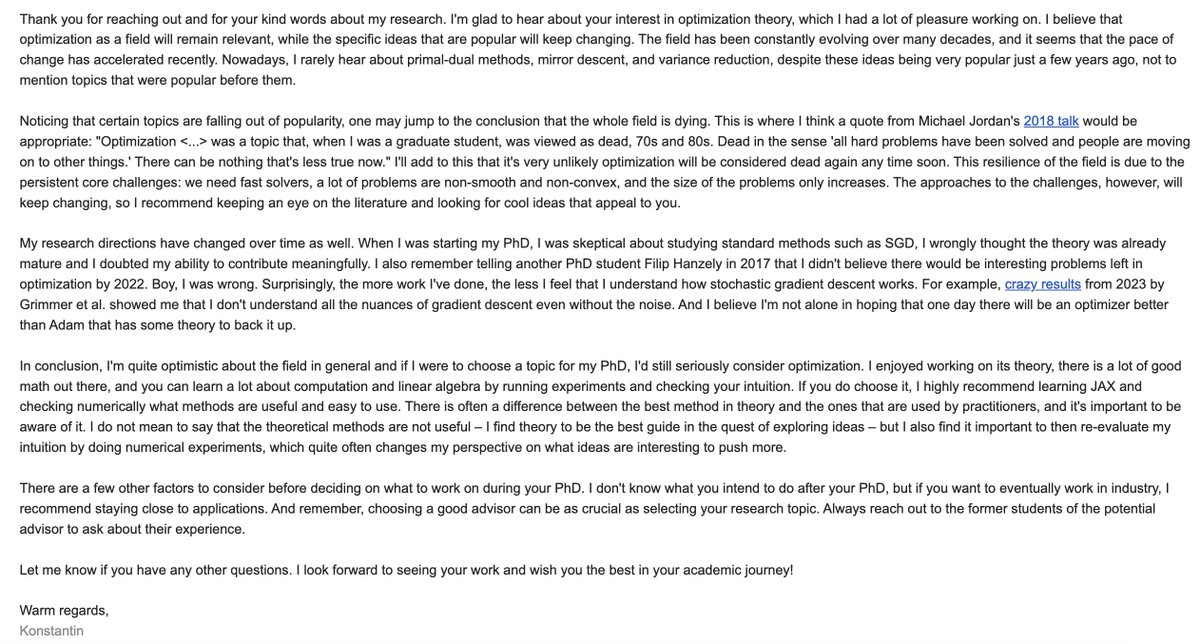konstmish's tweet photo. Is optimization still a good topic to work on for a PhD? Here is my detailed response to a student who reached out asking this question. https://t.co/Tg2MKerfcW