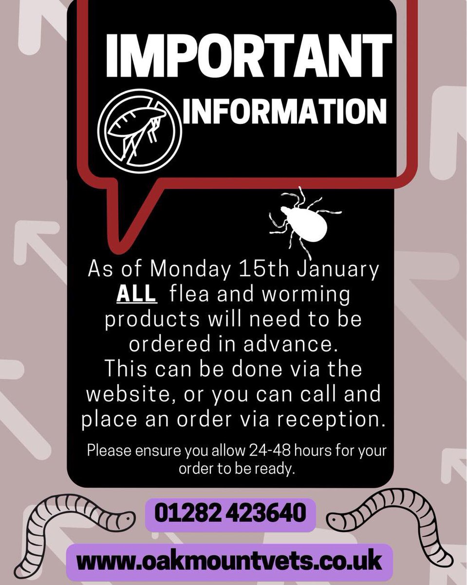 OakmountVets's tweet photo. Please ensure you are aware of the changes to our practice protocol on buying your pets flea and worming treatments.  #oakmountvets #veterinaryprofession #welovewhatwedo #vets https://t.co/0gwOuHqYCh
