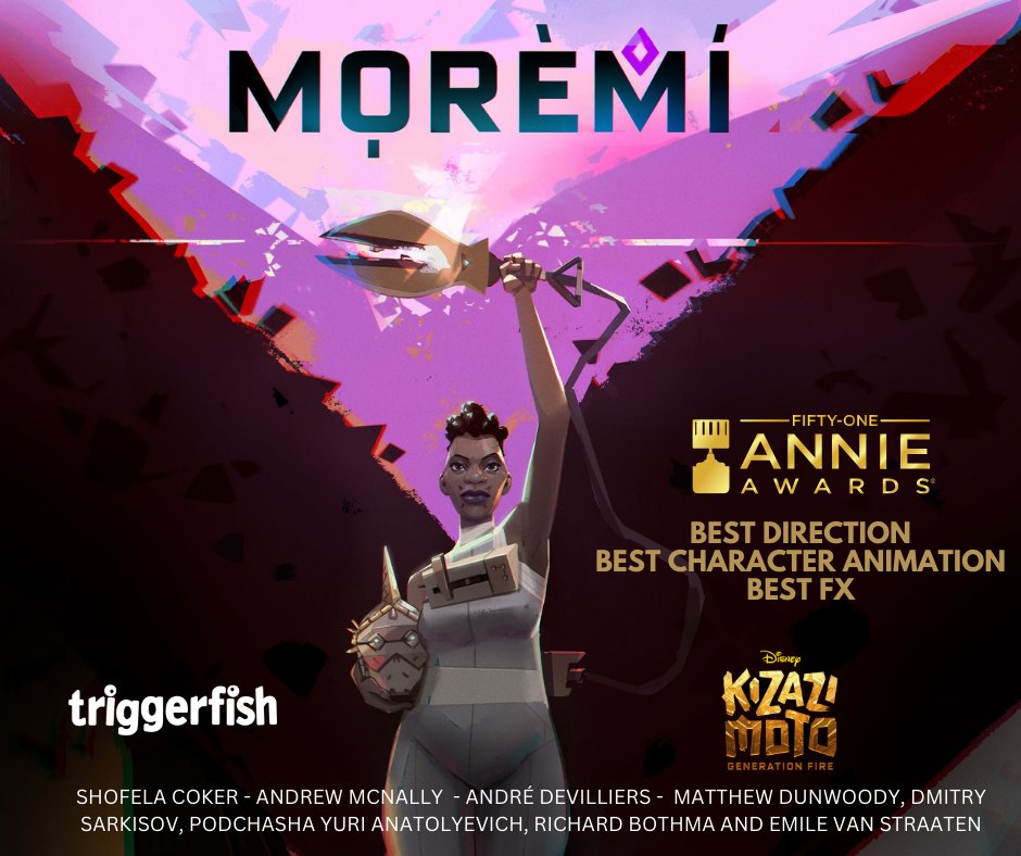 "Moremi" just snagged 3 Annie Awards noms! Best FX, Best Character Animation, and Best Direction. Congrats to the entire crew, Andre De Villiers, Ingrid De Beer, the Lucan team, and the directors Andrew McNally &amp; Shofela Coker!  #AnnieAwards #Moremi #KizaziMoto  #DisneyPlus