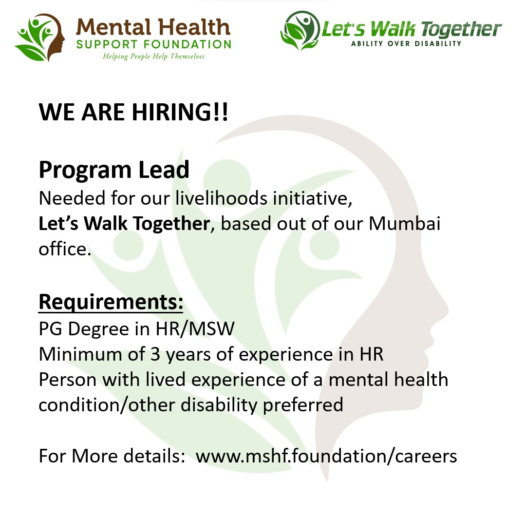LetsWalkTogethr's tweet photo. #HiringAlert!!
Program Lead based out of #Mumbai 
Preference would be given to persons living with #mentalhealth conditions/ other disabilities.
#livelihoods #disabilityinclusion
Please apply by Jan 25th
We are funded by @mariwalahealth
More details at:
https://t.co/sUvuiGERRP https://t.co/85t0TChruc