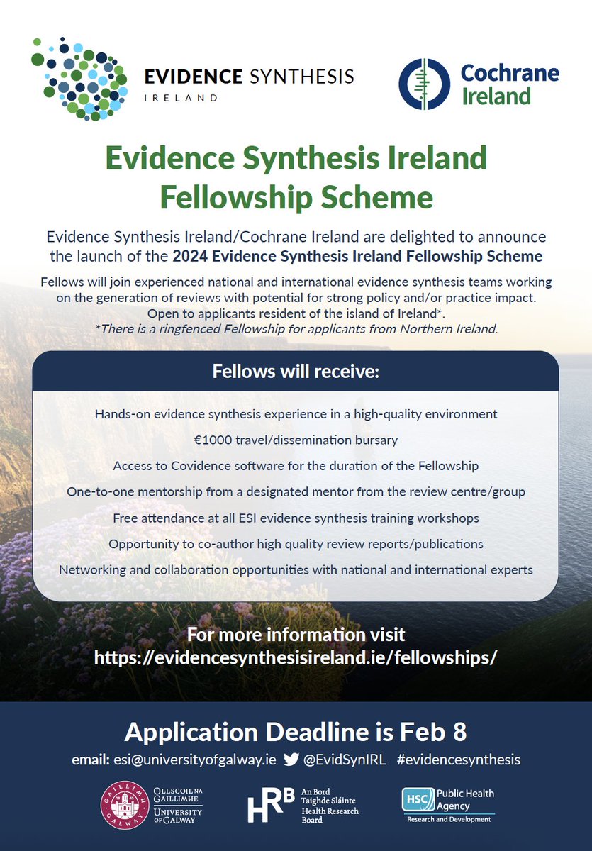 🫵 Are you looking to #upskill in #EvidenceSynthesis in 2024? 👥 Our #Fellowship Scheme gives you hands-on experience of the practical skills needed for #EvidenceSynthesis 💻 These virtual Fellowships are learning-by-doing & with 1:1 mentorship Apply: evidencesynthesisireland.ie/fellowships/