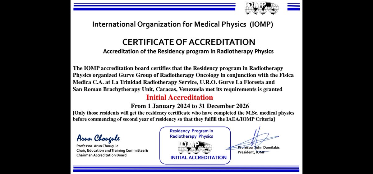 inphyma's tweet photo. Agradecemos a la Organización Internacional de Física Médica por la Acreditación a nuestra Residencia Clínica en Física Médica.

#inphyma #acreditacion #physics #physicist #today #happy #caracas #venezuela #radiation #university #student #medicalphysics #radiotherapy #radiation https://t.co/ORQVZejijQ