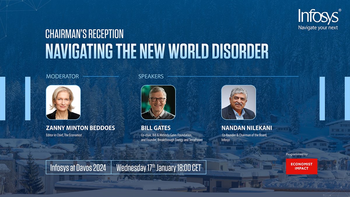 At #WEF24, @NandanNilekani will be joined by @BillGates and @zannymb as they touch on the impacts of #climatechange, geopolitical tensions, and the upcoming pressures of the year ahead. Read more about ‘Navigating the new world disorder’: infy.com/3TVHgo0 #InfosysatDavos