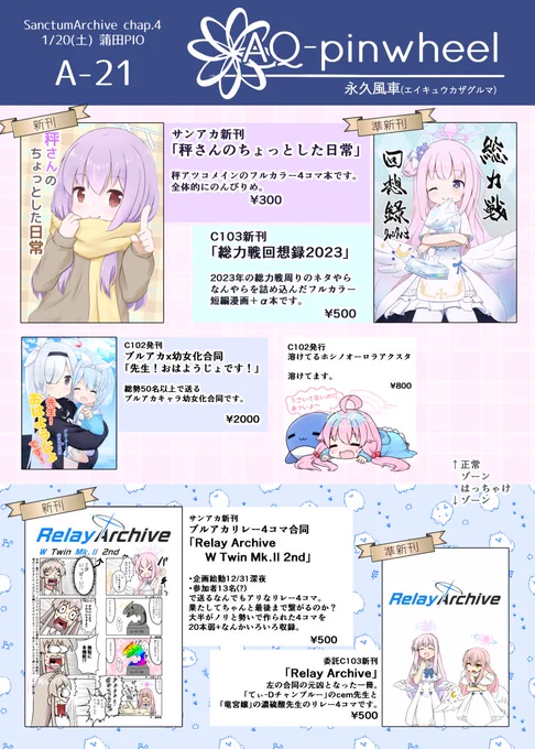 【Sanctum Archive chapter.4お品書き】
1/20サンアカ4のお品書きです!
ざっくり「アツコ4コマ本」「リレー4コマ本」がサンアカの新刊、「総力戦ネタ本」「(cemさん&amp;濃硫酸さんの委託)合作リレー本」がC103の新刊になります!
A-21「AQ-pinwheel」、お待ちしてます!
#サンアカ 