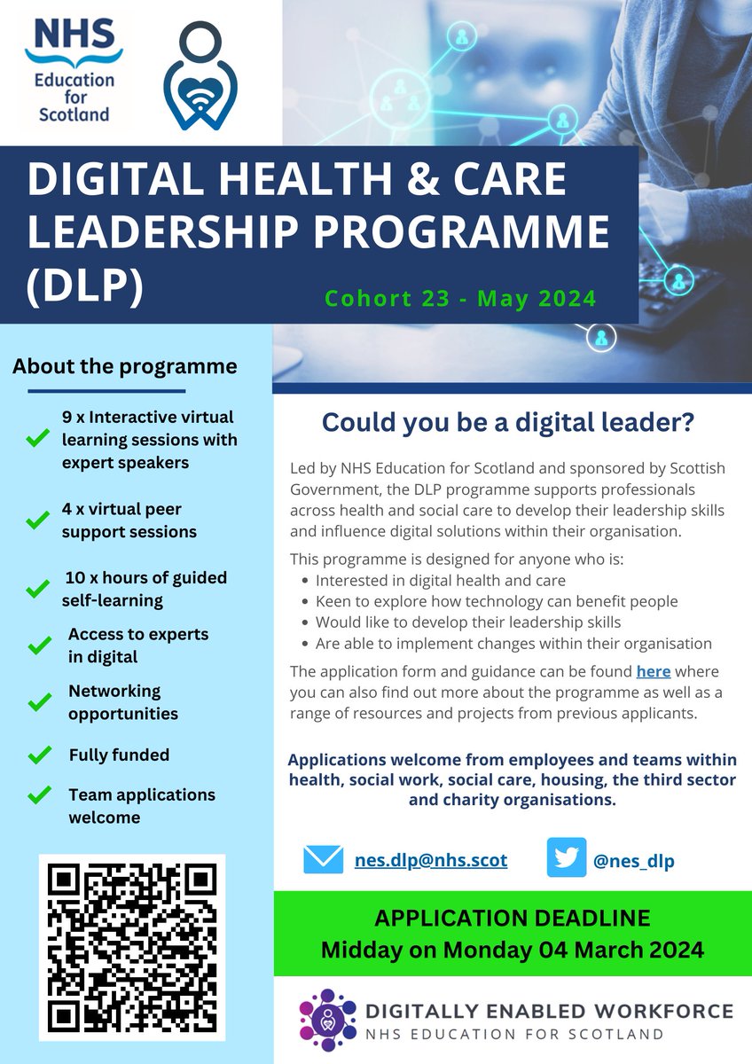 *Applications for Cohort 23 of the Digital Health & Care Leadership Programme are open!* 
Starting in May 2024 we welcome applications from colleagues in health, social work, social care, housing, the 3rd sector & charities – apply now! learn.nes.nhs.scot/52828
#digitalleadership