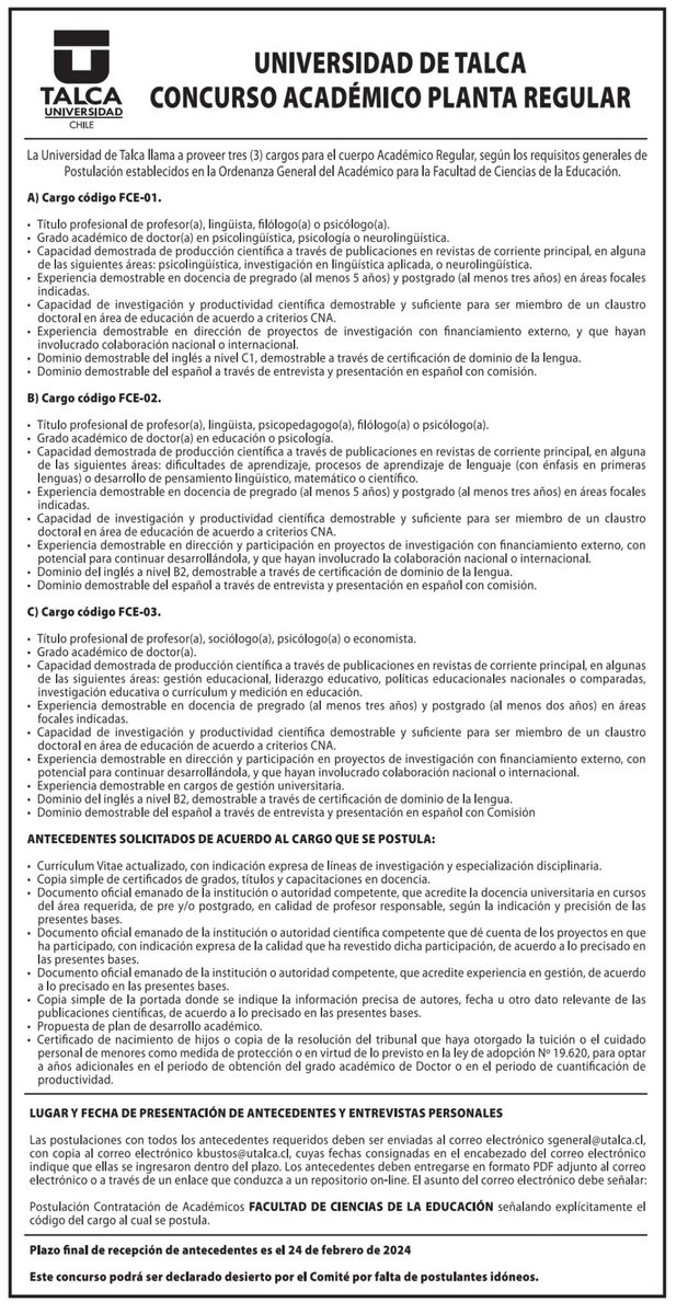 ricvalderramab's tweet photo. La Facultad de Ciencias de la Educación de la Universidad de Talca se encuentra en la búsqueda de tres académicos para su planta regular. Postulaciones hasta el 24 de febrero https://t.co/3DA8Nc1yPW