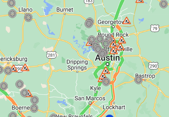 The latest look at DriveTexas.org (7:50 a.m.) shows some icy patches. Crews continue to treat but please stay off the roads, if possible. If you must travel, check current roadway conditions first. #ATXtraffic #TXWX #BeSafeDriveSmart