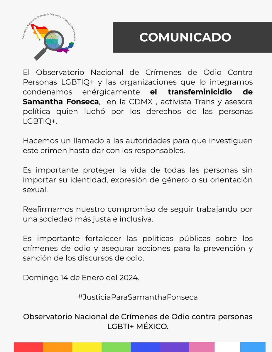 ObservatorioCr3's tweet photo. Cuánto tiempo más tendrá que pasar para que el @GobiernoMX garantice seguridad, libertad, justicia y el ejercicio de derechos para Todas, Todos y Todes
#NosEstanMatando y la @SEGOB_mx no hace nada al respecto
#JusticiaParaSamantha https://t.co/u7aAJsOO6G