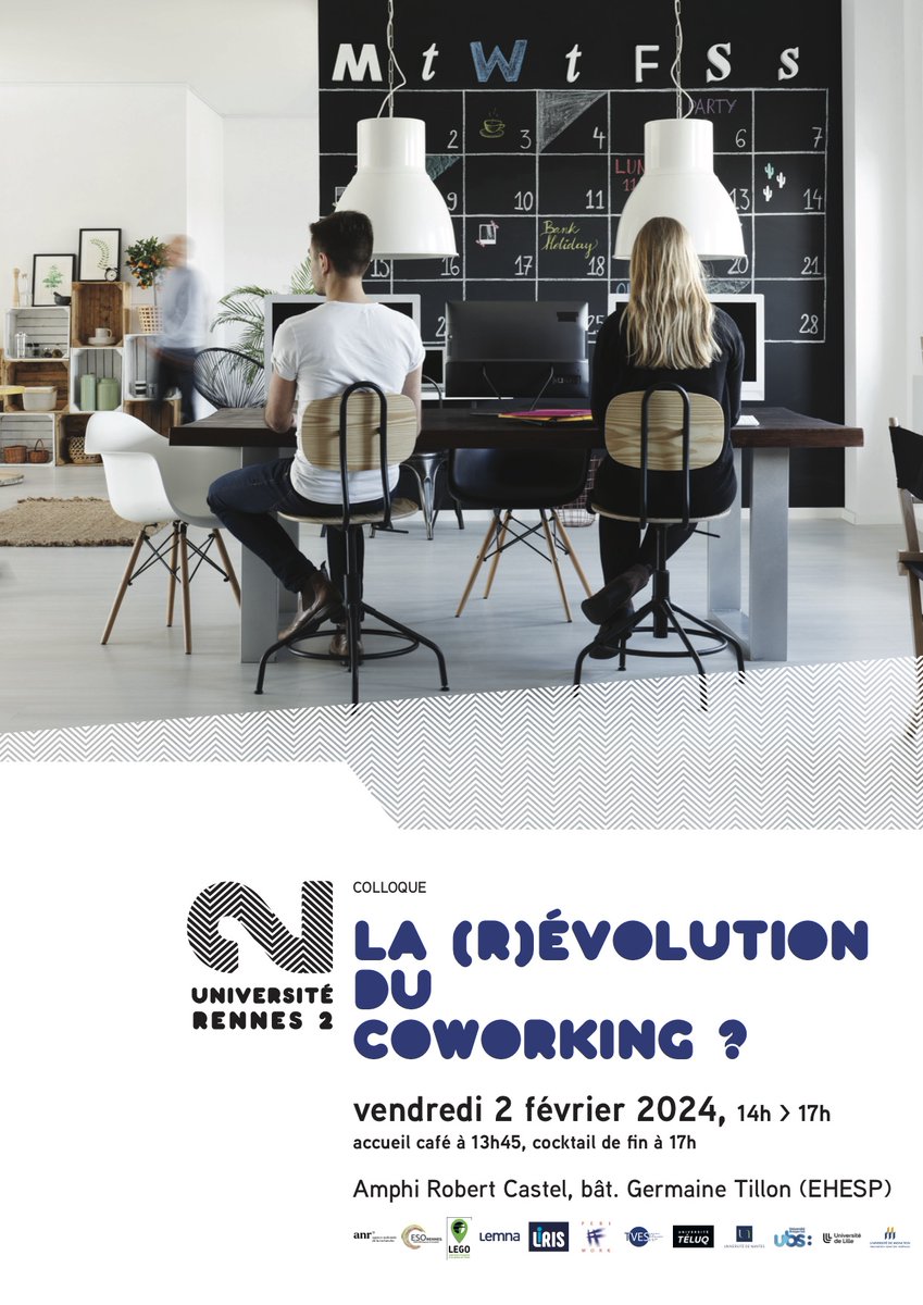 📢 Colloque sur le #coworking les nouvelles formes de 
#cooperation et les #transitions animé par @XDebontride et <a href="/UnivRennes_2/">Université Rennes 2</a> à la <a href="/MshBretagne/">MSHBretagne</a> 📅 2 février 14h-17h 
➡️periwork.hypotheses.org/4141