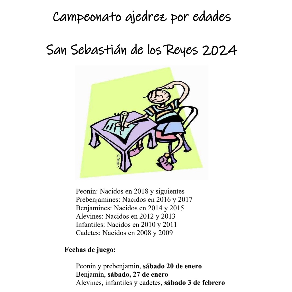 vcentenariossr's tweet photo. Hoy presentamos los Campeonatos de Edades de Ajedrez de San Sebastián de los Reyes que empiezan este fin de semana. Habrá categorías Peonín, Prebenjamín, Benjamín, Alevín, Infantil y Cadete para niños y niñas de todos los niveles. https://t.co/Irxb0OkPd1