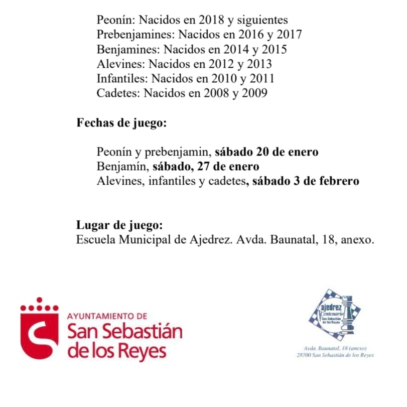vcentenariossr's tweet photo. Hoy presentamos los Campeonatos de Edades de Ajedrez de San Sebastián de los Reyes que empiezan este fin de semana. Habrá categorías Peonín, Prebenjamín, Benjamín, Alevín, Infantil y Cadete para niños y niñas de todos los niveles. https://t.co/Irxb0OkPd1