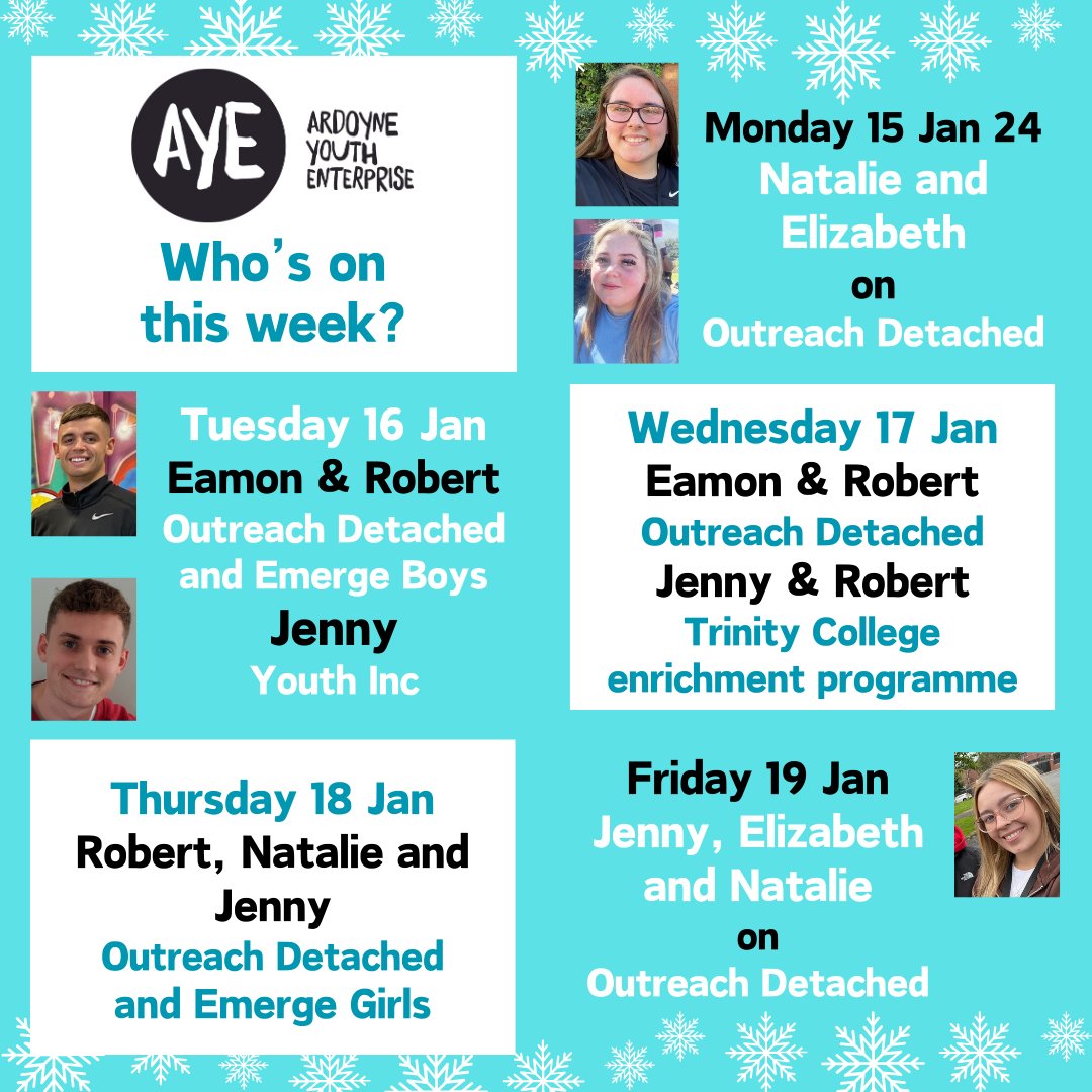 Check out what our youth team is up to this week. 
Say hi if you meet them out &amp; about. It's a cold week, so wrap up well and stay safe!
#AYE #youthwork #outreach #goodrelations #personaldevelopment #Ardoyne #Marrowbone #Hillview #NorthBelfast #NBSGRP #InformalEducation #OCN