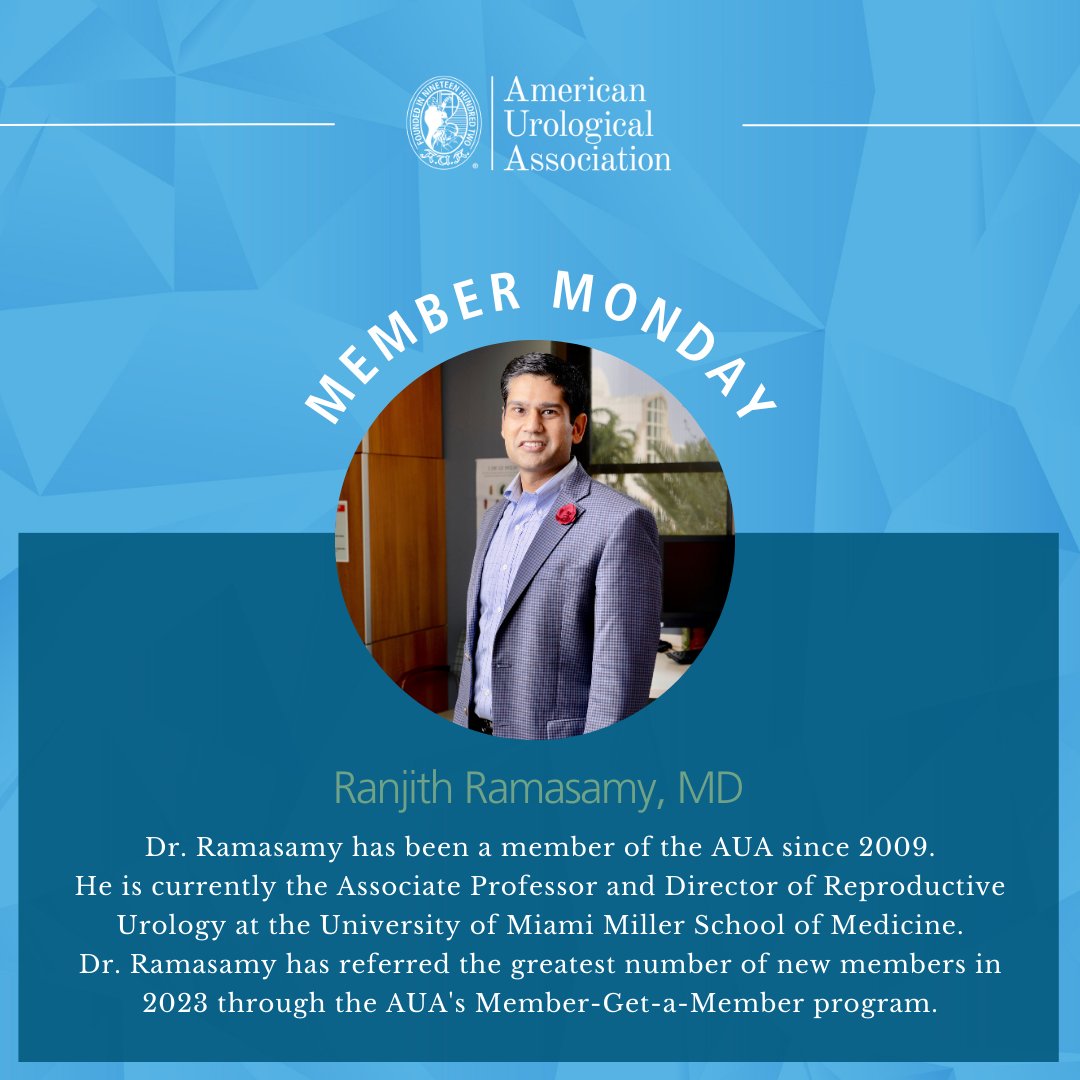 @ranjithramamd has referred the greatest number of new members in 2023 through the AUA's Member-Get-a-Member program. 🎉 Click the link to learn more about our Member-Get-a-Member program. bit.ly/3sB9U2o #MemberMonday #AUAMembers #Urology