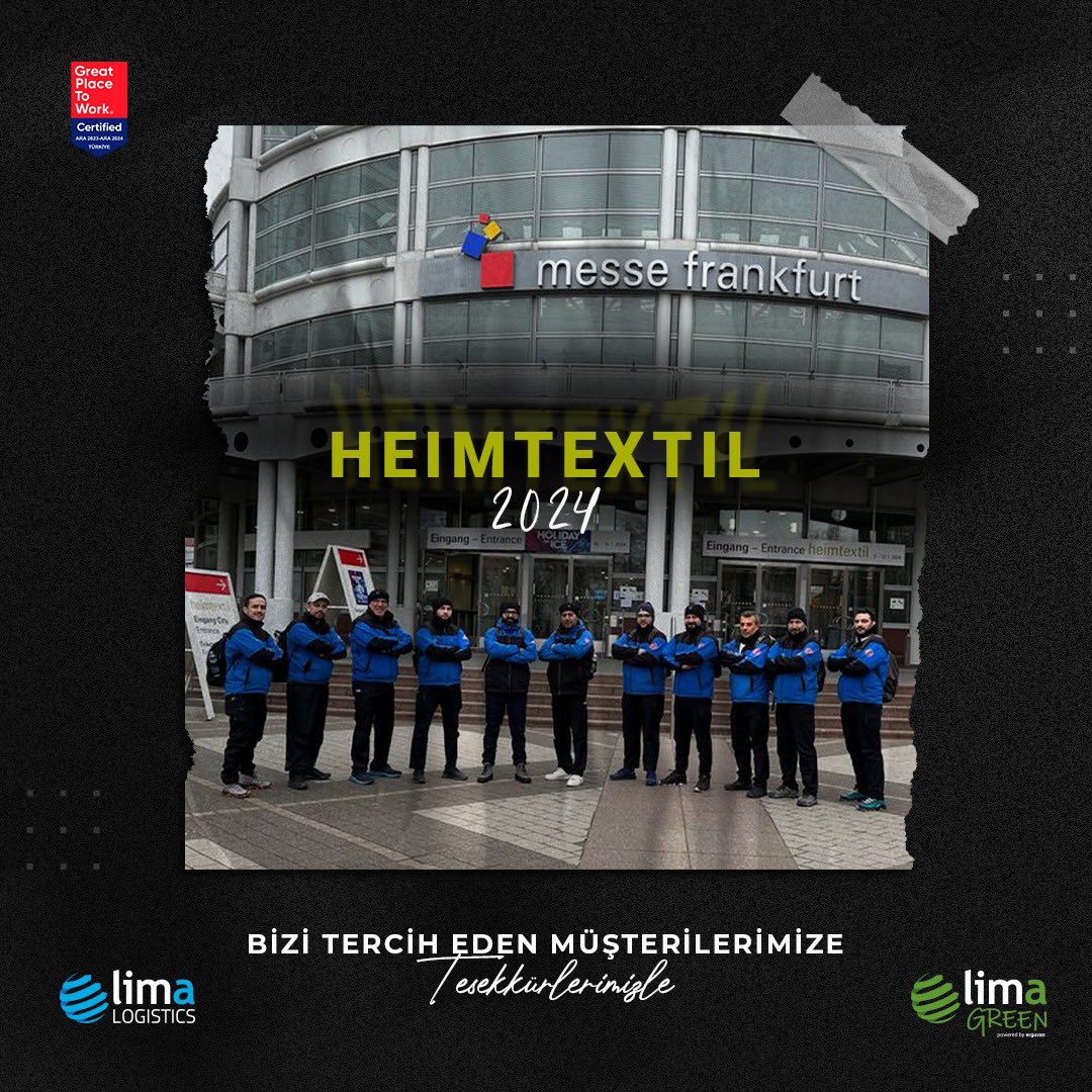 Limalojistik's tweet photo. 09-12 Ocak tarihleri arasında Almanya'nın Frankfurt kentinde düzenlenen, dünyanın en büyük ve en prestijli ev tekstili fuarı Messe Frankfurt HEIMTEXTIL 2024 Fuarı'nda bizi tercih eden müşterilerimize teşekkürlerimizle.💫
#limalogistics #limagreen #fairlogistics #heimtextile2024 https://t.co/g6JPLeWosV