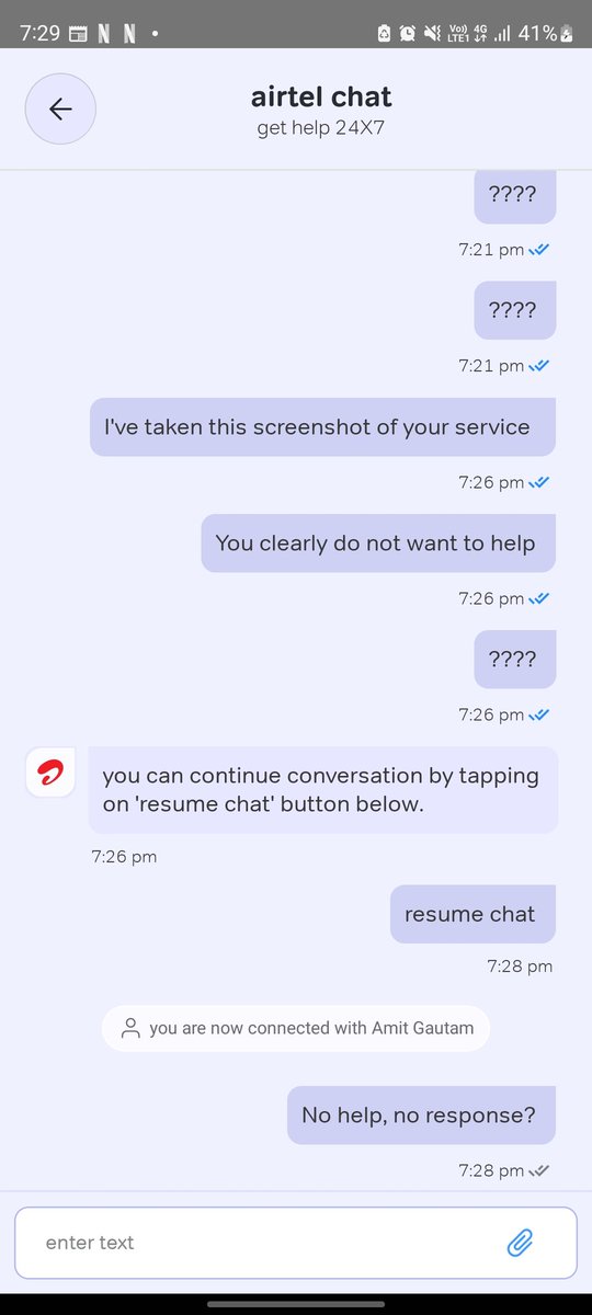 RulingPanda's tweet photo. @airtelindia @Airtel_Presence @airtelnews 
Continue of that chat, No help. 
Moreover I did data recharge twice on my prepaid number. Which did not show on my Airtel Thanks app. If there is no support please don't claim 24x7 help or any help. https://t.co/LGLJp8PT0q