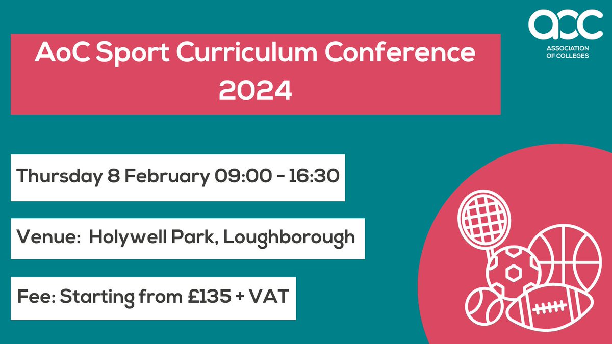AoC_Sport's tweet photo. The AoC Sport Curriculum Conference is the only national event dedicated to driving excellence in curriculum design and policy development in further education and sport. @AoC_Info
Book now: https://t.co/AwUxmZadt6 https://t.co/mi34k6H0eI