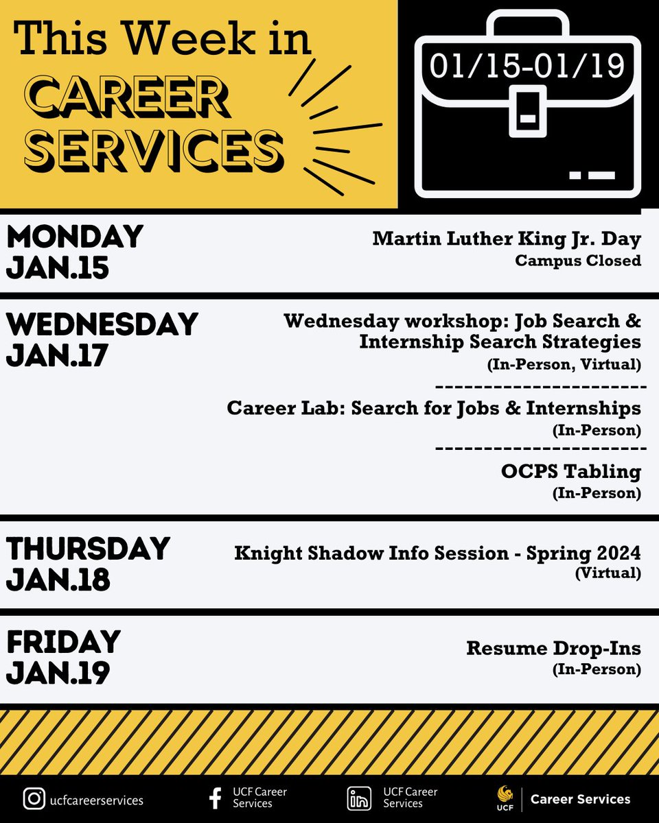 Introducing: 🎇This Week in Career Services 🎇
Take a look at what happening this week! 👀
Check out handshake to learn more and register!👏
-
#job #career #ucfcareerservices #UCFsocial #orlando #ucf #ucf2024 #2024 #goknights #florida #internship #resume #springsemester #spring