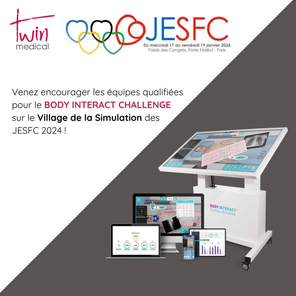 Twin_Medical's tweet image. 🏆​​Ravis de co-organiser la 3e édition du @BodyInteract Challenge avec la SFC. Les présélections de ce concours de #raisonnement #clinique ont vu s'affronter plusieurs équipes de jeunes #cardiologues de toute la France.

Rdv dès jeudi sur le Village de la #Simulation ! #JESFC