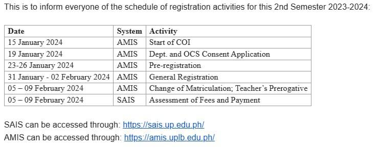 uplbperspective's tweet image. READ: UPLB Office of the University Registrar (OUR) releases the schedule of online registration for the second semester, AY 2023-2024. (1/6)

#UPLBupdates