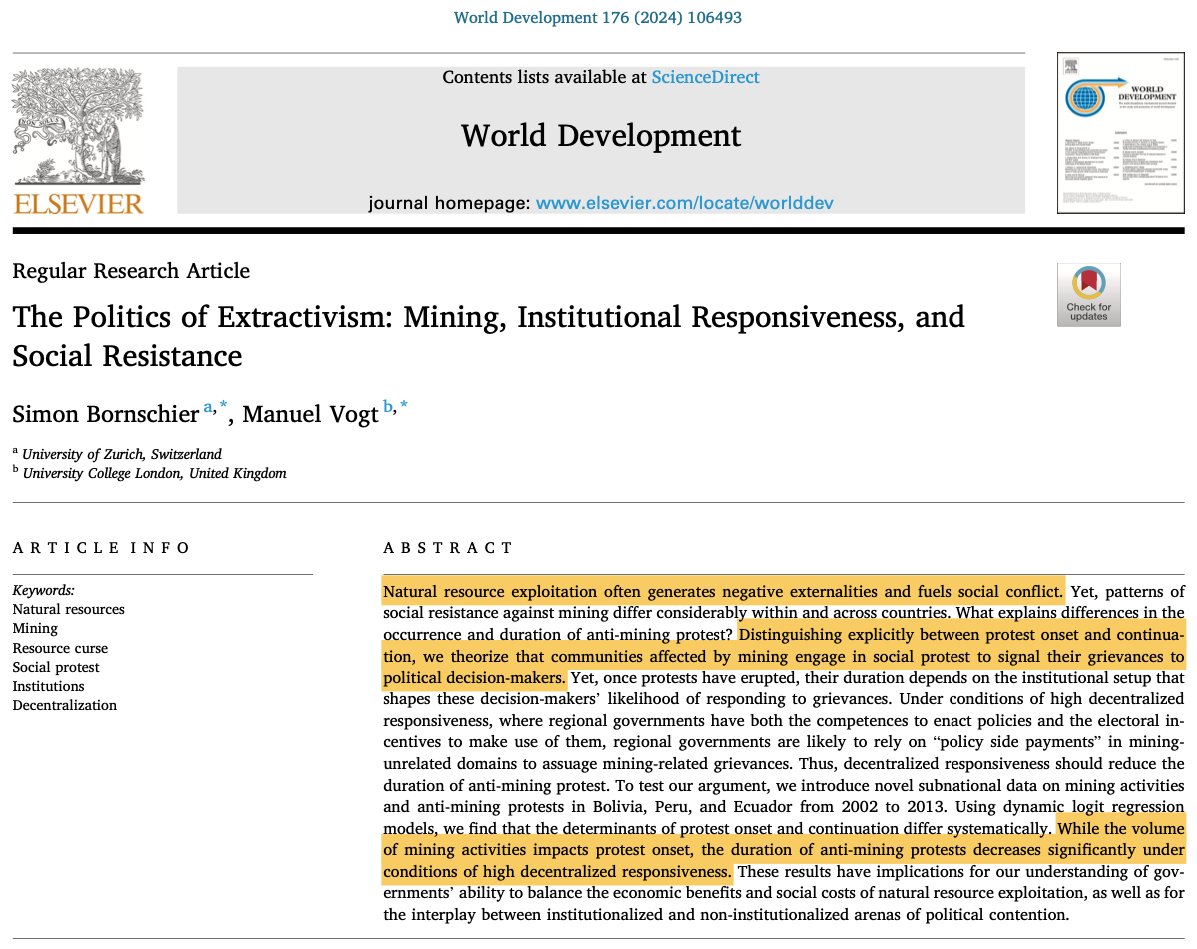 What explains spatial and temporal variation in protest against natural resource extraction? In this new article, Manuel Vogt and I explore the question, focusing on Bolivia, Ecuador, and Peru @WorldDevJournal #OpenAccess [1/8]