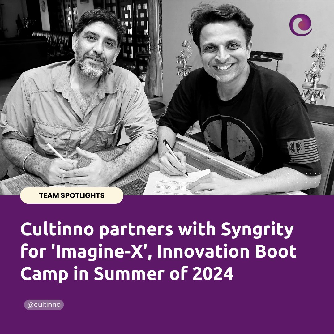 CultInno's tweet photo. Cultinno signs MOU with Syngrity for ‘Imagine-X’, an innovation boot camp for the Summer of 2024. Seen in the pic is @MirchandaniDr, co-founder of Cultinno with Vikram Badhwar, Founder &amp; Managing Director of Syngrity Transformation Solutions. Watch this space for more.

#cultinno https://t.co/6lBKaFgp6b