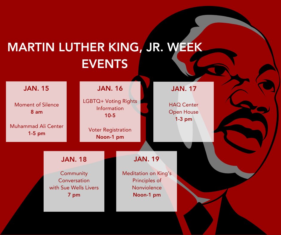 Please join us in honoring the legacy and impact of Martin Luther King, Jr. by participating in these campus events and volunteer opportunities.