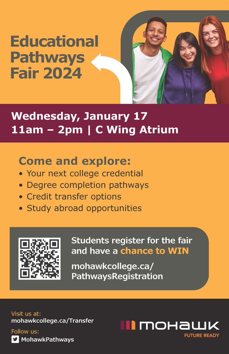 abeahamilton's tweet image. Wondering if post-secondary is right for you?  Check out the Educational Pathways Fair at Mohawk College on January 17!  Connect with over 30 colleges and Universities and get your questions answered.  Click the link to register. ow.ly/V4YB50Qq1Yx

@mohawkpathways