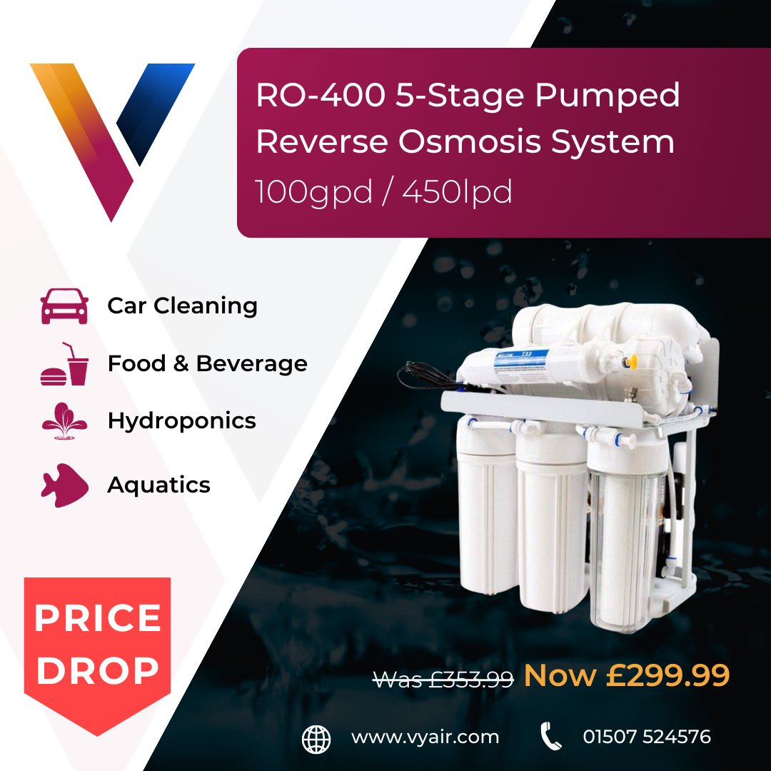 Discover the power of pure water with our RO-400 100GPD Reverse Osmosis System. Unmatched quality Was £353.99, NOW £299.99!

BUY NOW: vyair.com/product/ro-400…

#WaterFiltration #ReverseOsmosis #Vyair #WaterTreatment