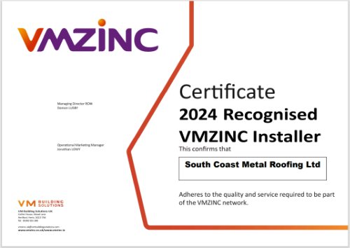 VMZINC RECOGNISED INSTALLER - We have again been accredited as a VMZINC Recognised Installer