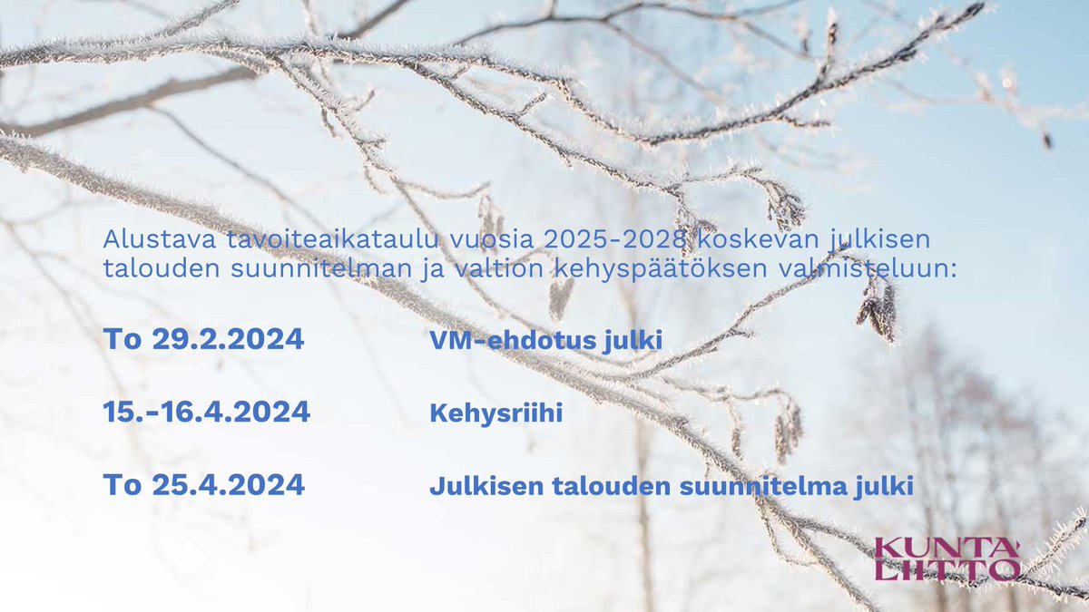 Kiitos @VMuutiset🎯

Alustavat päivämäärät valtion vuoden 2024 budjettivalmistelulle on jo tiedossa. Tämä tärkeää myös kunnille.

🔹kehysriihi 15.-16.4.2024
🔹Kevään #kuntatalousohjelma 25.4.2024
🔹budjettiriihi 3.-4.9.2024

Lue lisää:
👇
kuntaliitto.fi/sites/default/…