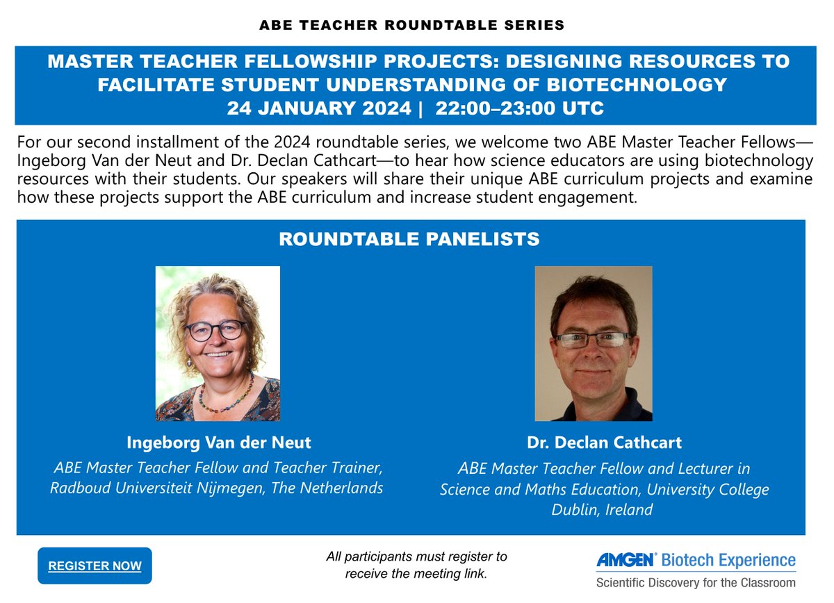 ABE Teachers! Sign up for our January Roundtable discussion about designing resources to facilitate student biotech understanding. #ABEMTF Declan Cathcart &amp; Ingeborg Van der Neut will discuss how their work increases student engagement in biotech. ow.ly/XEKM50Qp26V