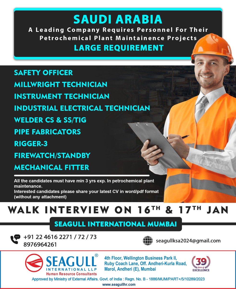 hrd1_seagull's tweet photo. 🇸🇦Saudi Arabia Jobs
✔️Large Requirement
✒ Walk In Interview on 16 & 17 Jan 2024
📍Location- Mumbai
.
.
.
#saudiarabiajobs #seagull #mumbaijobs #safetyofficer #millwrighttechnician #instrumenttechnician #welder #pipefabricator #riggger https://t.co/Mg3WvF5Gcn