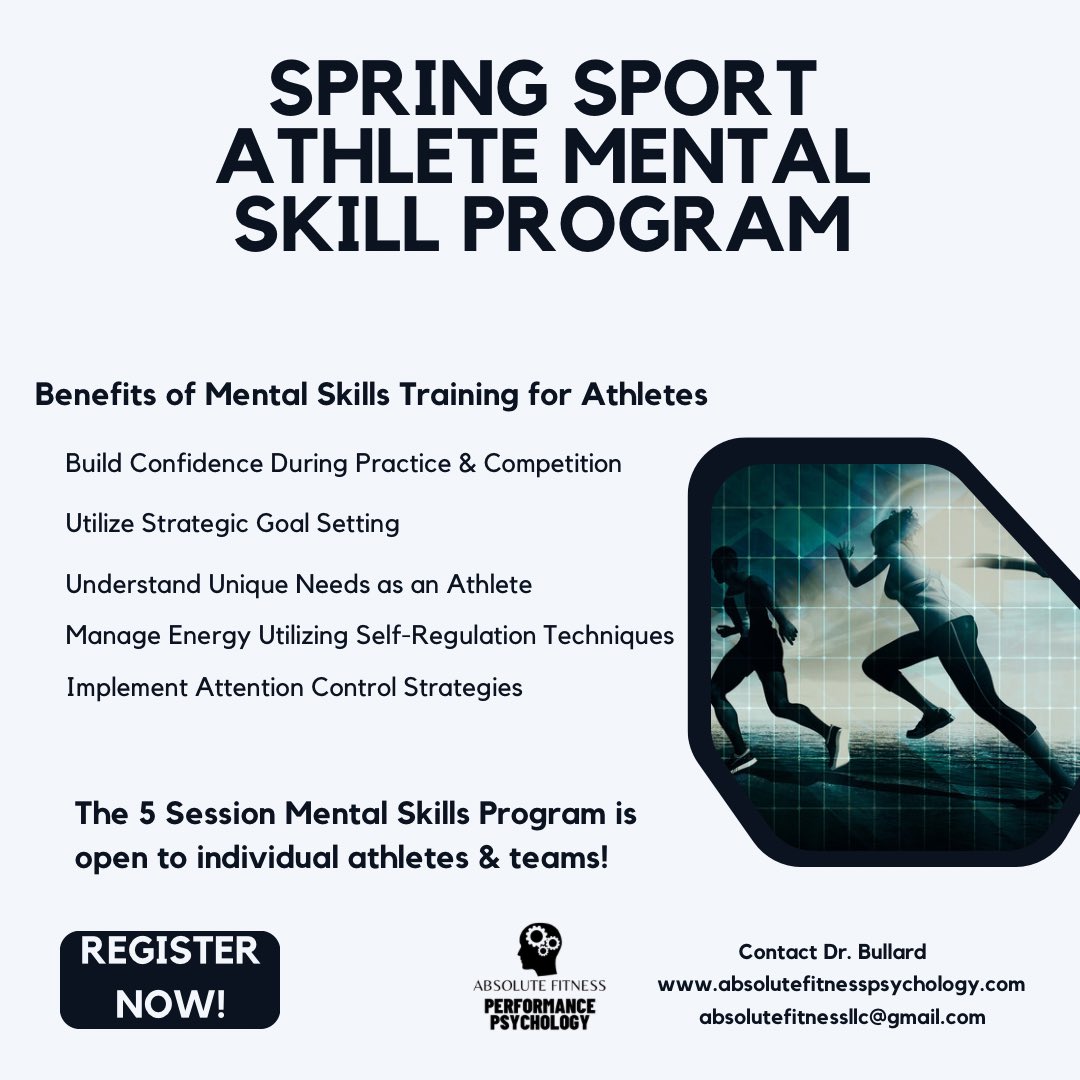 🧠 Registration for the Mental Skills Program is open! Perfect way to enhance your mindset before the season!

📧 absolutefitnessllc@gmail.com
🛜absolutefitnesspsychology.com
Google Form: forms.gle/oZvFbypQ1iiPeG…

#unlockpsych #sportpsychology #performancepsychology  #athletemindset