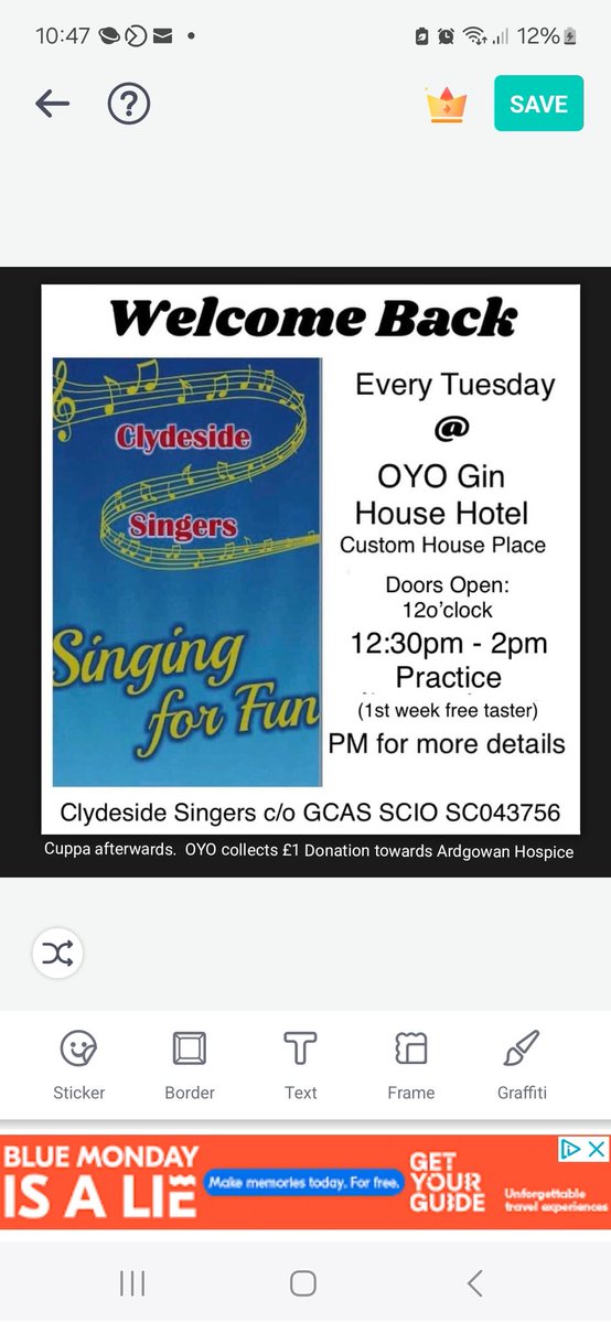 GCAS_Inverclyde's tweet photo. @clydesidesinger Love singing? A warm welcome awaits you at Clydeside Singers. Pro-active #musictherapy whilst #singingforfun team for nearly 14 years. NB: Weather permitting for 16th January 2024 https://t.co/UCScpyFU8S