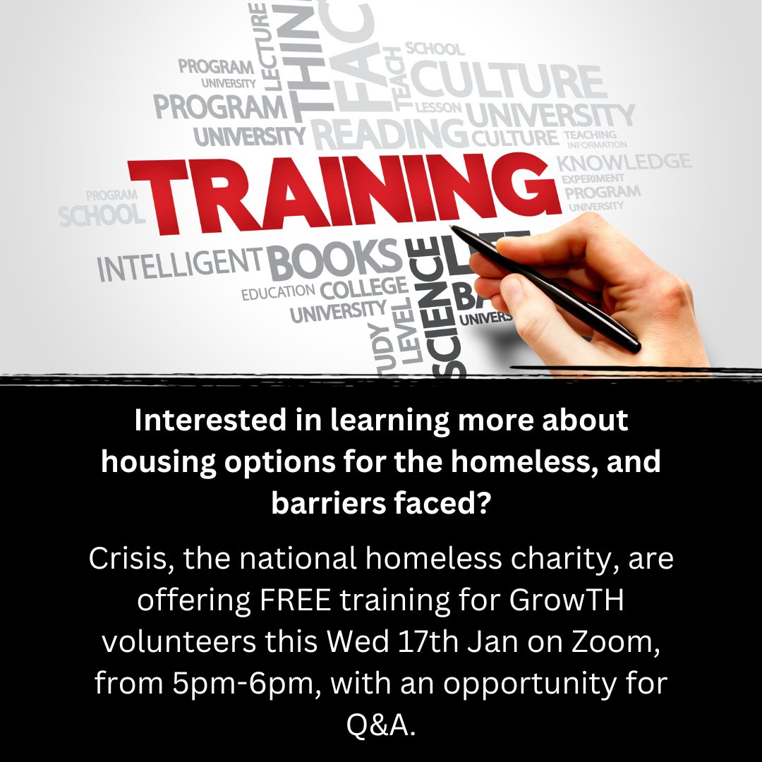 Free training from the amazing <a href="/crisis_uk/">Crisis</a> is offered this Wed 17th Jan to GrowTH volunteers. Email naomi@thisisgrowth.org for the Zoom Link. 
See you there!