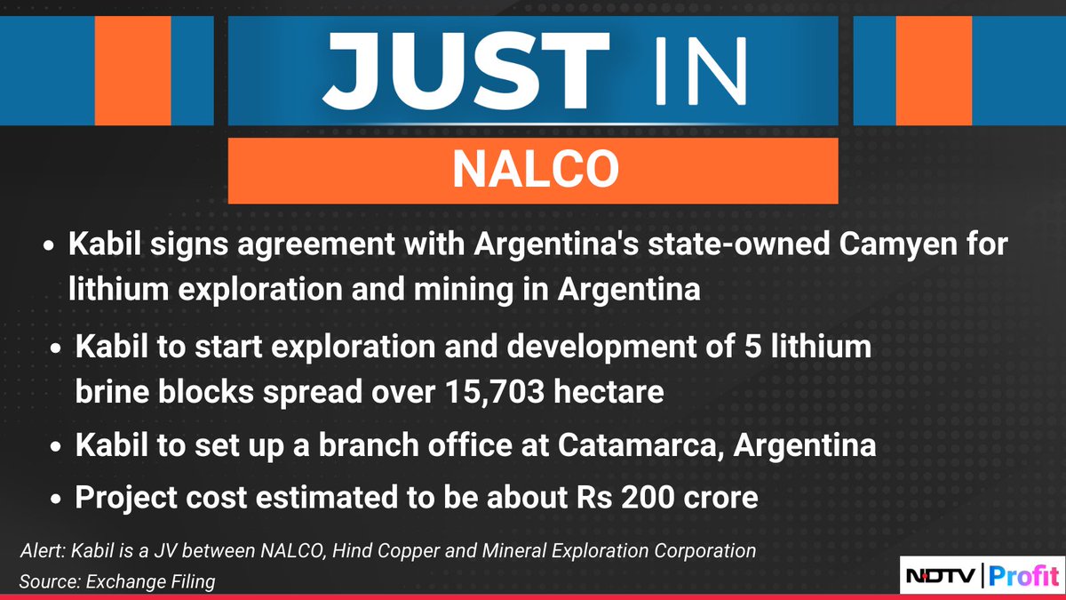 NDTVProfitAlpha's tweet photo. #Kabil signs agreement with Argentina's state-owned #Camyen for lithium exploration and mining in #Argentina.
For the latest news and updates, visit: https://t.co/by4FF5o0Ew https://t.co/mB2NORkaKc