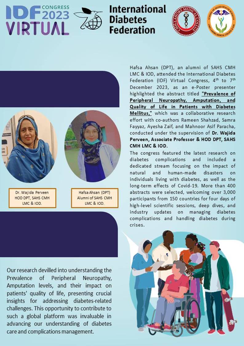 CMHLMC's tweet photo. HOD DPT SAHS CMH LMC and IOD, presented findings of their research work at the highly reputed IDF Virtual Congress held from 4-7 Dec, 2023! 
The poster focused on the topic of 'Prevalence of Peripheral Neuropathy, Amputation and Quality of Life in Patients with Diabetes Mellitus' https://t.co/OiMq5EtJoh