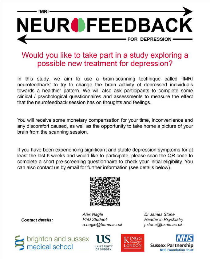 We are looking for 3 males 👨‍🦰who have been experiencing significant depression symptoms for at least 6 weeks to take part in a study exploring a possible new treatment for depression.🧐 please get in touch with Alex Nagle, at a.nagle@bsms.ac.uk.📩