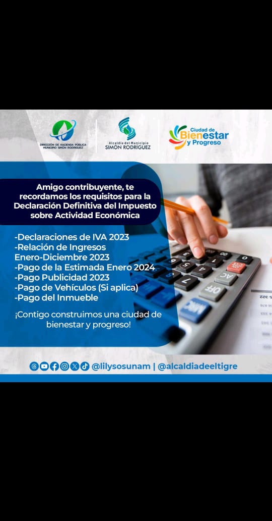 haciendapmet's tweet photo. 📣Amigo Contribuyente, hoy 15/01/2024 comenzó el lapso para declarar y pagar la DEFINITIVA 2023. 
📍Acude a nuestras oficinas en el C.C. Mansión Flamingo y gustosamente te atenderemos.
📝 Paga tus Impuestos a tiempo, evita ser sancionado.
#impuestos #declaraciones #ElTigre https://t.co/jSM6d1Ukrg