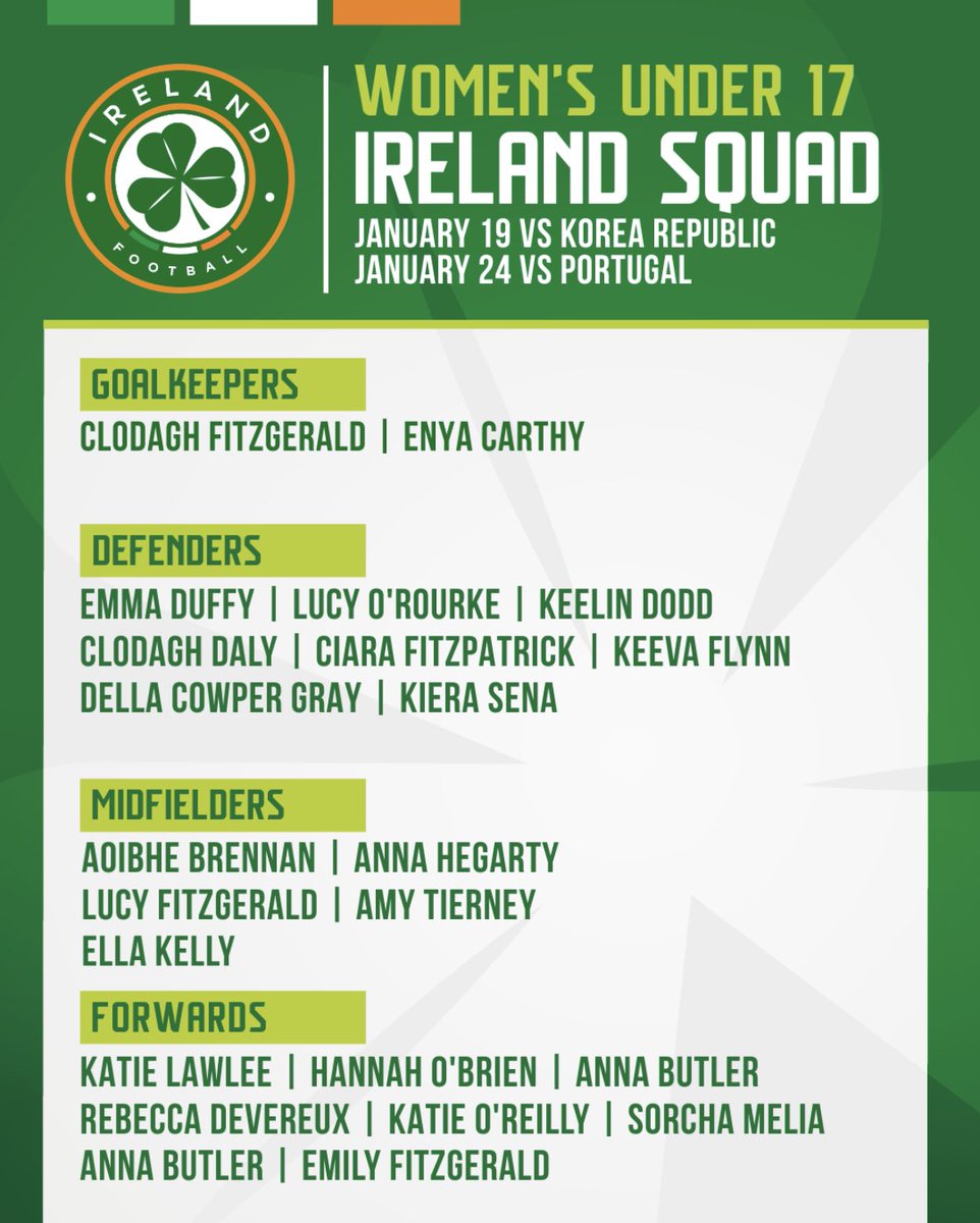 SQUAD LIST | #IRLWU17 James Scott names his squad ahead of two International Friendlies in preparation for the UEFA European Championship qualifiers ☘️ Jan 19 | vs 🇰🇷 Jan 24 | vs 🇵🇹 #COYGIG