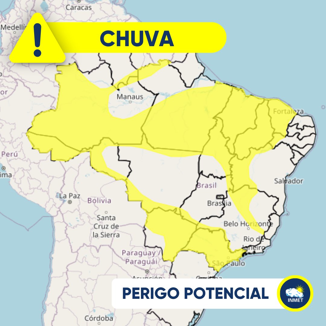 inmet_'s tweet photo. ⚠️ #Atenção: Previsão de chuvas intensas, hoje (15) e amanhã (16), em áreas do AM, RR, PA,RO, MT, MS, GO, TO, BA, PE, CE e em todo o AC e SP. 

🟡 Confira o aviso amarelo 👉 https://t.co/W2iDhe8al1

+👇 https://t.co/BWDVD95eE0